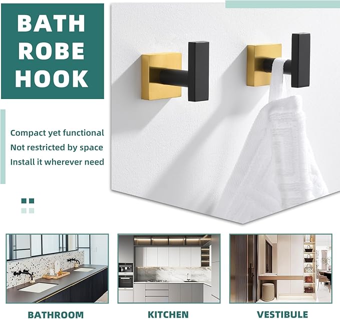 APLusee Robe Towel Hook 2 Pack Black Gold, 304 Stainless Steel Square Coat Hook, Bathroom Kitchen Towel Hanger Wall Mounted