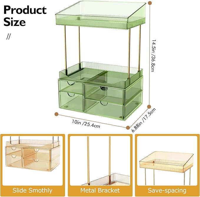 4 Drawers Makeup Organizer - 4 Tier Makeup Storage, Cosmetics Organiser, Ideal for Cosmetic, with Drawers for Countertop, Bathroom,Dresser Transparent Green for Both Outdoor and Indoor Use, Clear