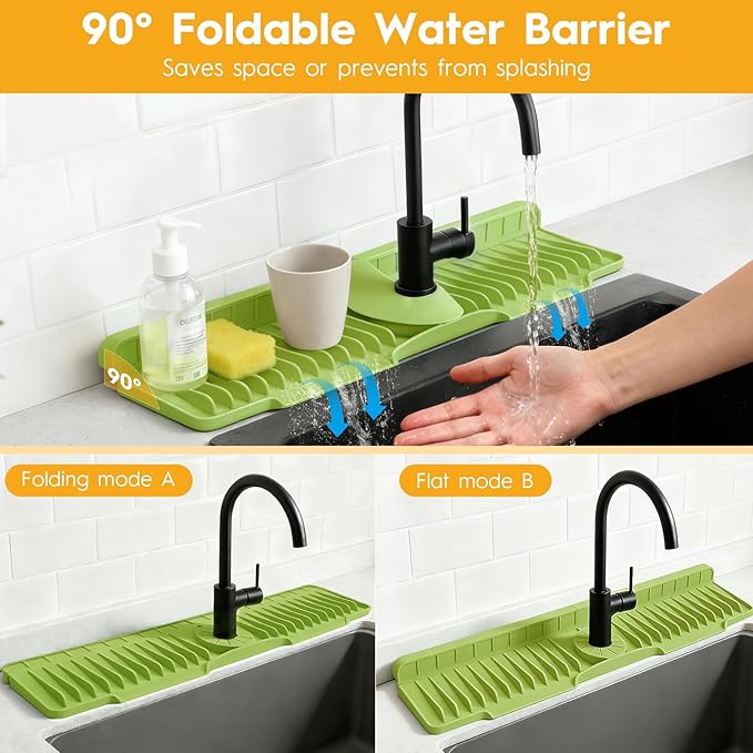 16" Silicone Faucet Mat for Kitchen Sink Released in 2026,8° Slope Fast Self-draining-Kitchen Sink Splash Guard,Bathroom Kitchen Sink Area Water Splash Guard Behind Faucet Draining Mat(Green)