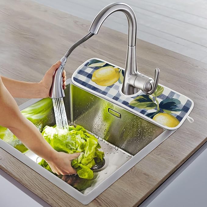Sink Faucet Absorbing Mat Kitchen Sink Splash Guard Splash Faucet Drip Catcher for Bar RV Bathroom 2PCS 30x5.5in Blue and White Gingham Summer Lemons