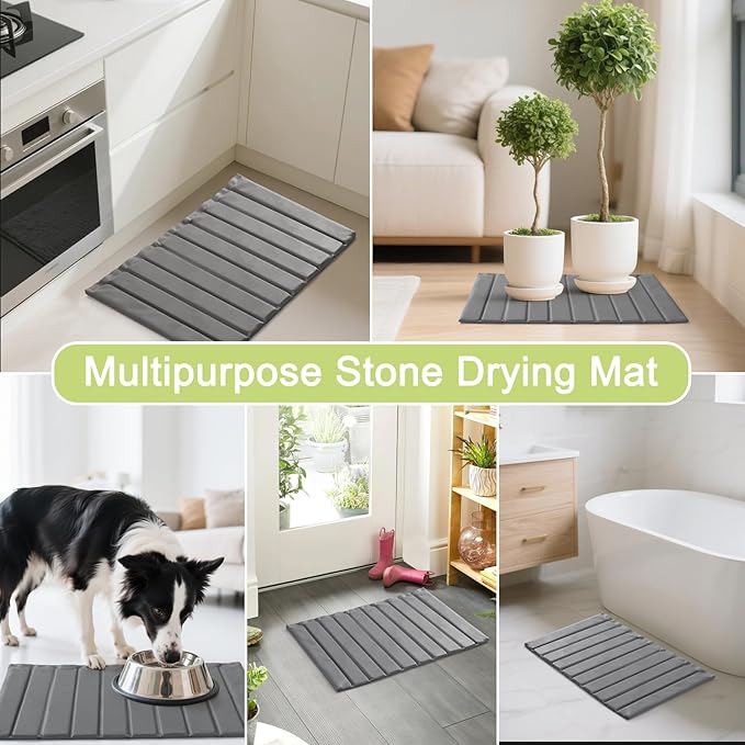 Large Stone Drying Mat for Kitchen Counter, Ultra Absorbent Diatomaceous Earth Mat with PU Leather Cover Fast Drying Collapsible, Dish Mats for Dishes Buttles Cups Countertop Gray 23.6"x15.3"
