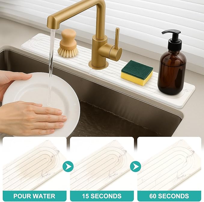Drying Stone Faucet Mat for Kitchen Sink Trays Diatomite Quick Dry Around Faucet Mats Absorbent Drying Mat for Kitchen Counter Water Absorbing Stone Tray for Bathroom Sink Protector Splash Guard