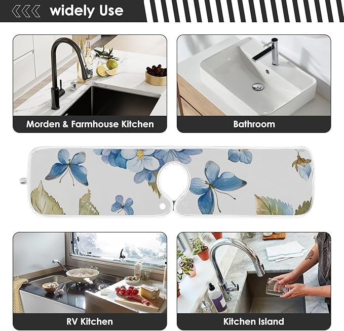 Sink Faucet Absorbing Mat Kitchen Sink Splash Guard Splash Faucet Drip Catcher for Bar RV Bathroom 2PCS 30x5.5in Watercolor Hydrangea Butterfly