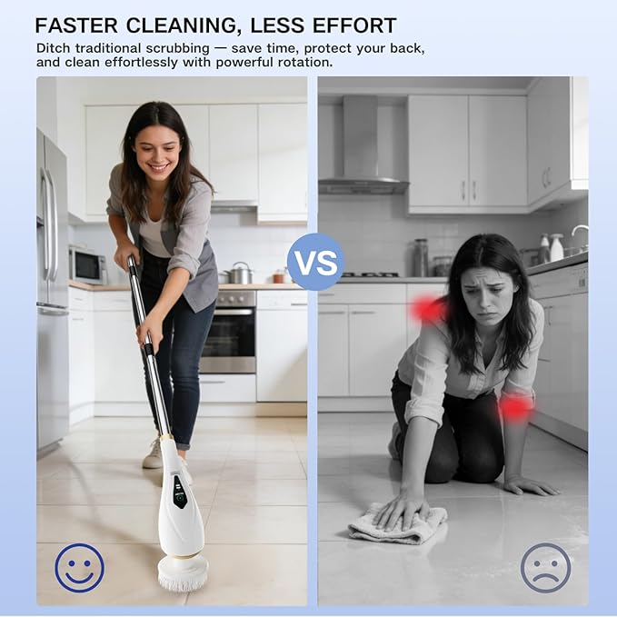 Electric Spin Scrubber with 10 Replaceable Brush Heads, Extendable Handle Up to 59", 2 Speed Modes, Waterproof, Cordless Cleaning Brush, 2H Cleaning Time,Perfect for Home, Bathroom,Kitchen