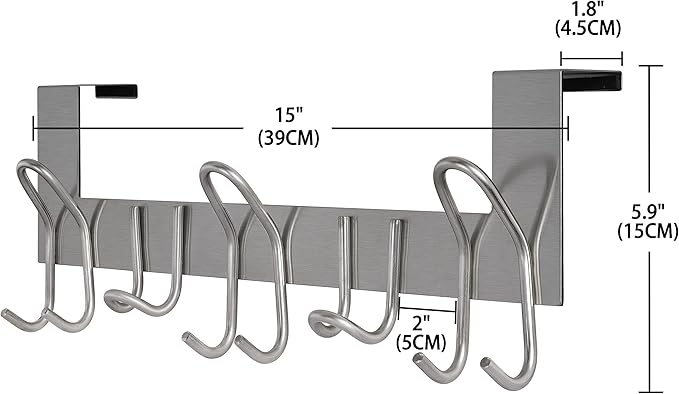 SKOLOO Over The Door Hooks - for Doors up to 1-3/4'' Thickness, Pack of 2, Metal Door Hanger with 11 Hooks, Over The Door Hanger for Coats, Hats, Towels, Silver