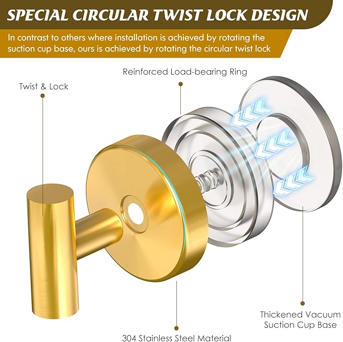 Suction Cup Hooks for Shower,Heavy Duty Shower Towel Suction Hooks,No Drill Wall Mounted Towel Hooks for Bathrooms Wall,Kitchen,Glass,Mirror,Tile to Hang Towels,Robes,Coat-Gold(2 Pack)
