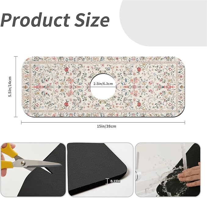 Kitchen Sink Splash Guard，Retro pastel floral Faucet Mat Sink Gadgets-Super Absorbent Fast Drying Mat Drip Catcher for Kitchen, Bathroom,Sink Mat, Dish Drying Mat, Bathroom(15" X 5.5" )