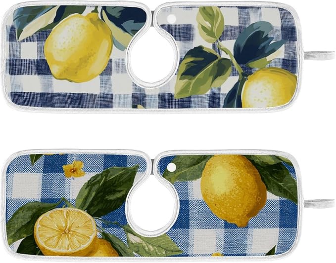 Sink Faucet Absorbing Mat Kitchen Sink Splash Guard Splash Faucet Drip Catcher for Bar RV Bathroom 2PCS 30x5.5in Blue and White Gingham Summer Lemons