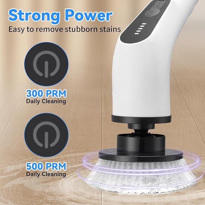 Electric Cordless Spin Scrubber – 2-Speed High-Efficiency Adjustable Portable Cleaning Brush for Home, 8 Replaceable Brush Heads for 360° Powerful Cleaning in Bathroom, Kitchen, Car(Pure White)