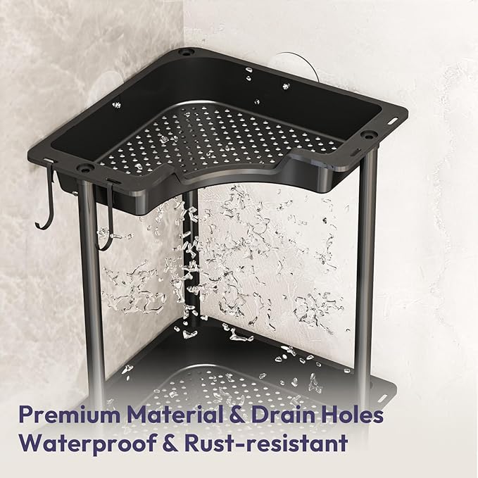 SWTYMIKI Corner Shower Caddy Standing - 4 Tier Floor Standing Shower Organizer with 4 Hooks, Plastic & Stainless Steel Waterproof Corner Stand Shower Shelf Storage Rack for Bathroom, Bathtub, Black