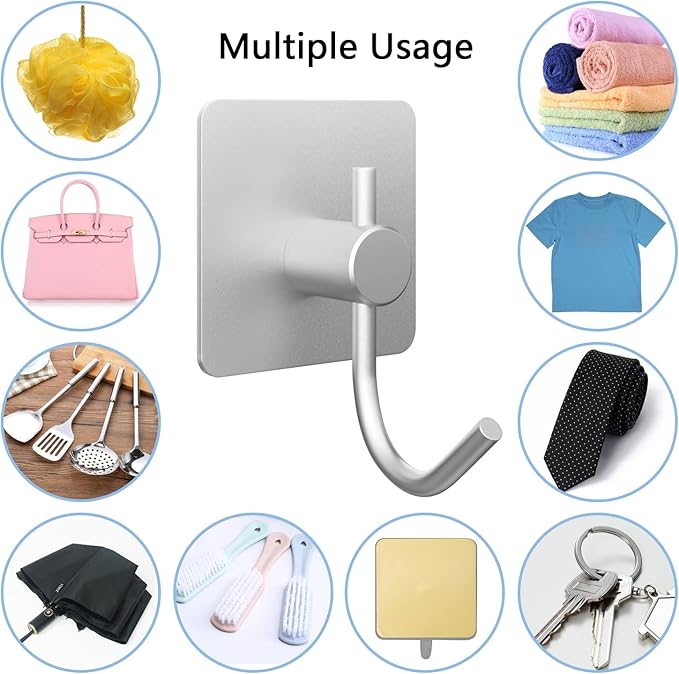 PMMASTO Aluminum Heavy Duty Wall Hooks - Coat, Towel, Robe Hanger - Shower, Bedroom, Bathroom, Kitchen - Silver (6 PC)