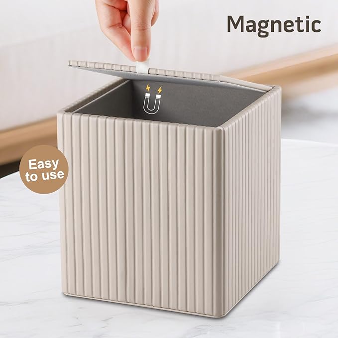 KINGFOM Tissue Box Cover, PU Leather Square Tissue Box Holder for Kleenexs with Magnetic Bottom Cover for Facial Tissues/Napkins, Office & Living Room Decor Box (Beige Strips)