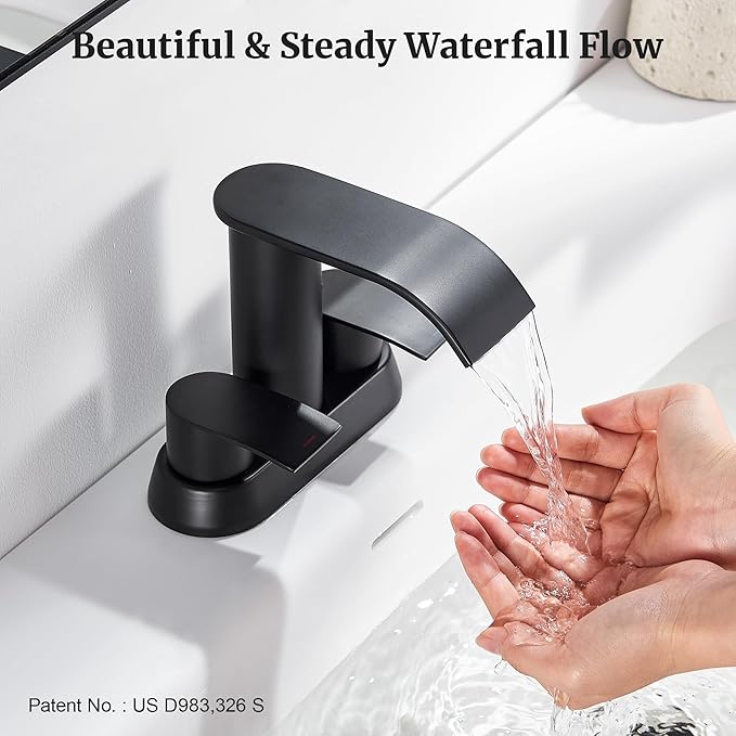 Ultimate Unicorn Black Waterfall Bathroom Faucet, 4 Inch Bathroom Sink Faucet for 3 Hole or 2 Hole, Anti-Splash Design Sink Faucets with Pop Up Drain, Easy Install for Vanity, RV, Lavatory