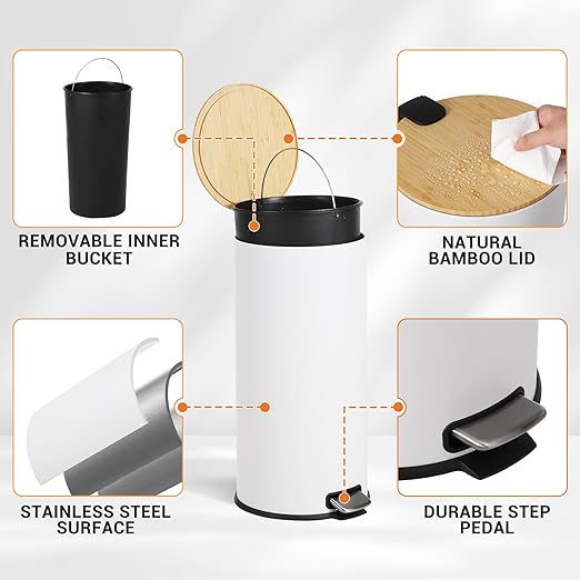 GarveeHome 8 Gallon Step Trash Can with Soft-Close Bamboo Lid, Stainless Steel Garbage Can with Removable Inner Bucket, 30L Round Trash Bin, Perfect for Kitchen, Bathroom, Living Room, White