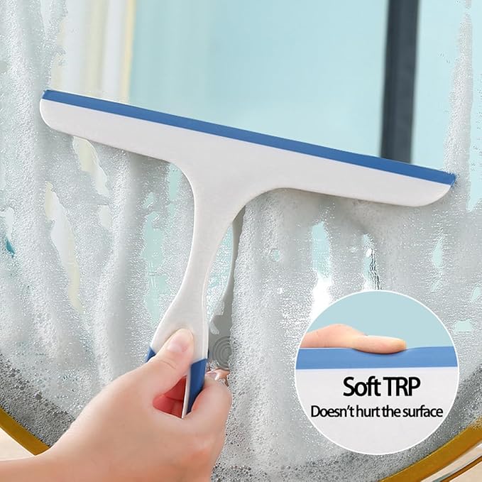 2Pcs 10 Inch Shower Squeegee and 2Pcs Stainless Steel Adhesive Hooks, Streak Free Glass Window & Bathroom Door Mirror Squeegee Household Cleaning Tool, Plastic Water Wiper for Car Windshield Cleaning