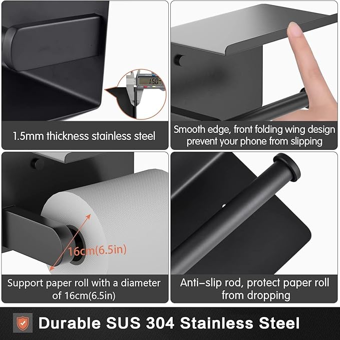 Adhesive Toilet Paper Holder with Phone Shelf Paper Tissue Holder Storage 304 Stainless Steel Wall Mounted Toilet Roll Holder Dispenser,Paper Holder with Shelf Bathroom Organizer White