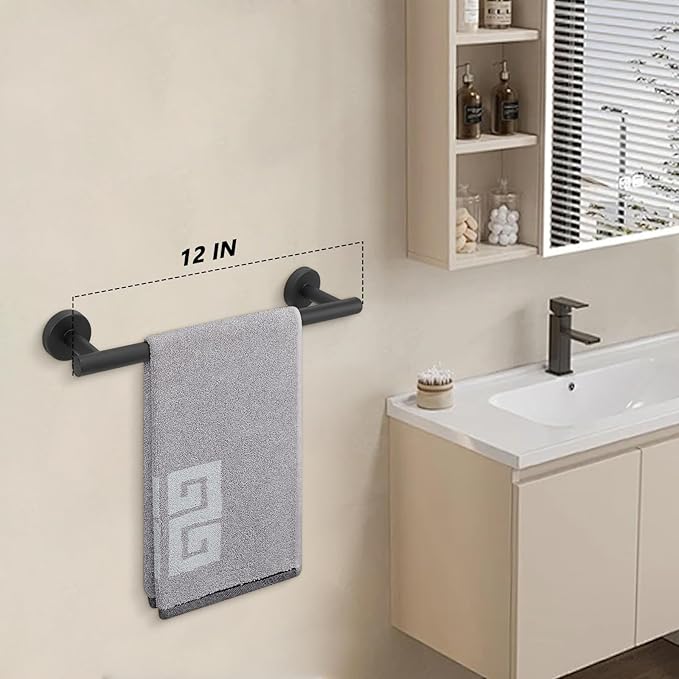 NearMoon Bath Towel Bar, Thicken Stainless Steel Shower Towel Rack Holder Wall Mounted for Bathroom, 12-lnch Overall Length-10-lnch Usable Hanging Space (1 Pack, Matte Black)