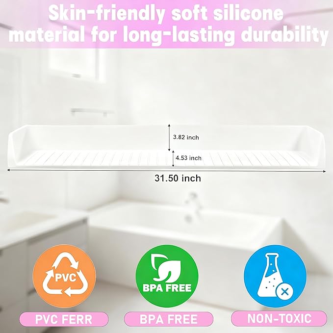Longer Bath Tub Splash Guard for Kids,Silicone Bathtub Splash Buard,Bath Tub Play Shelf,Prevent Water Spills in Bathroom,Fun-Filled Bath Time for Toddlers(White)