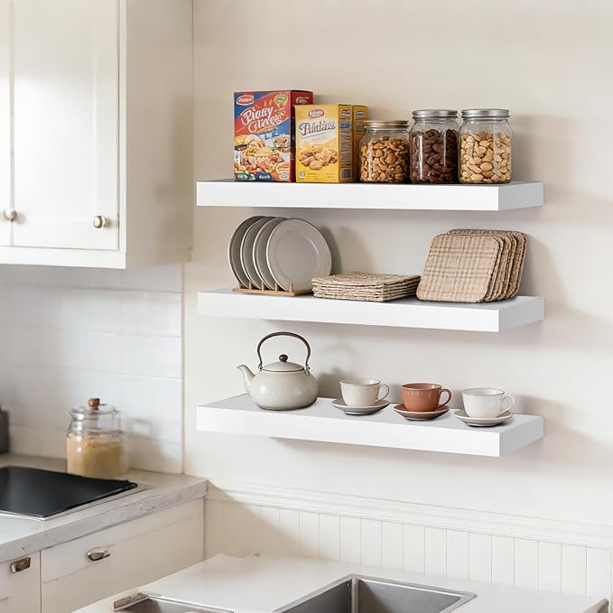 Floating Wall Shelves 24x6.8x1.7 Inch – Solid Wood Rustic Shelves in White Finish – Wall Mounted Display Shelf for Bathroom, Kitchen, Bedroom – Set of 3