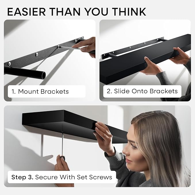 Homeforia Floating Black Shelf 42 inch, High End Solid Real Wood 42 inches Long Floating Shelves for Wall, Black Wooden 42inch Large Floating Shelves, Heavy Duty Bracket, 42 X 6.5 X 1.75 in, Set of 3