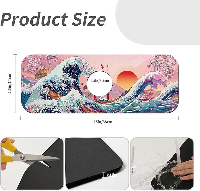 Kitchen Sink Splash Guard，Waves and cherry blossoms Faucet Mat Sink Gadgets-Super Absorbent Fast Drying Mat Drip Catcher for Kitchen, Bathroom,Sink Mat, Dish Drying Mat, Bathroom(15" X 5.5" )