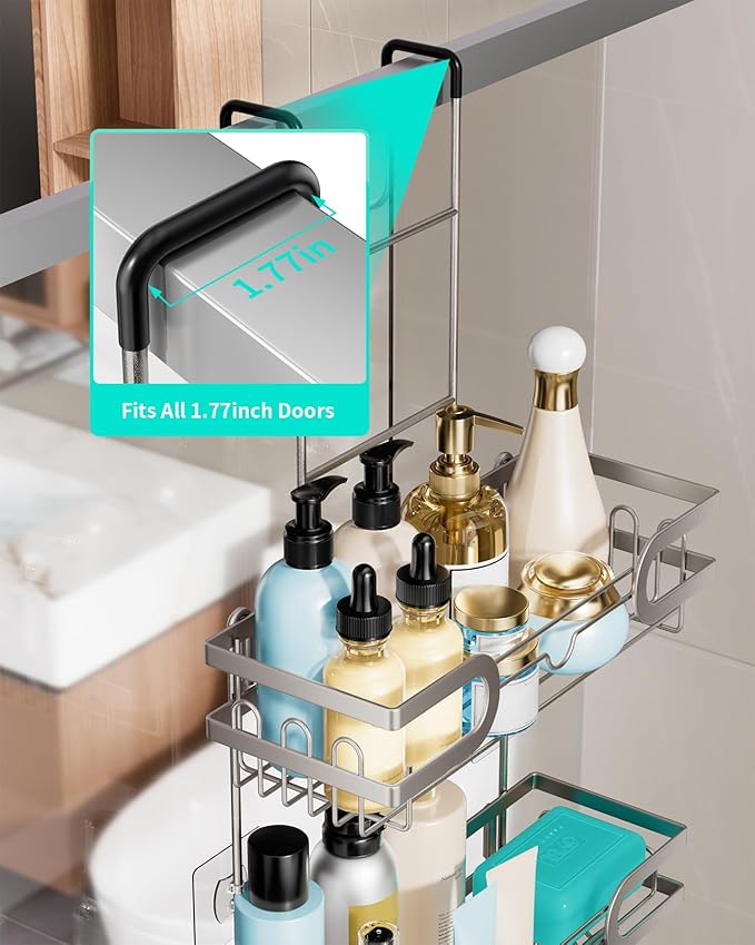 HapiRm Shower Caddy over Door- Hanging Shower Organizer with 14 Hooks and Soap Holder, Rustproof & Waterproof Stainless Steel Bathroom Shelf - Brushed Nickel