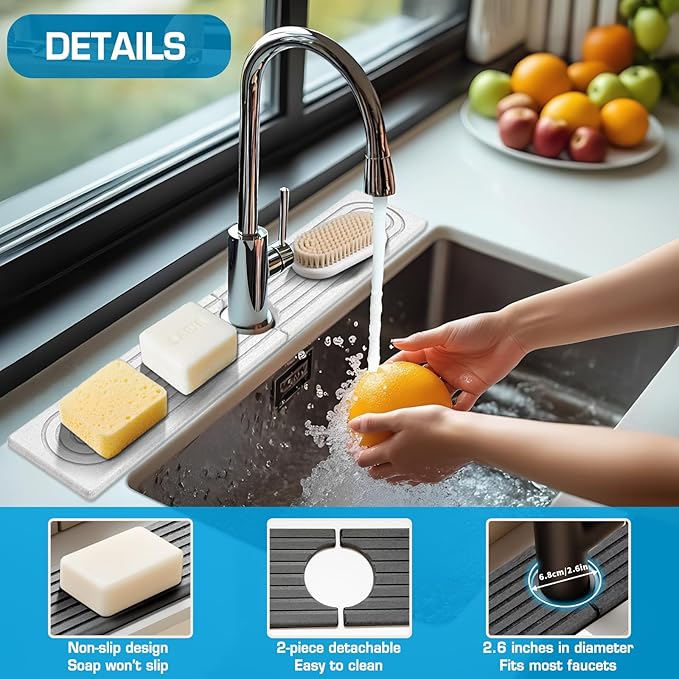Faucet Mat for Kitchen Sink, Diatomite Quick Drying Tray , Long 23.6'' Kitchen Sink Splash Guard and Bathroom Stone Tray for Counter. Super Absorben. (White-Rectangle, 23.6" x 4")