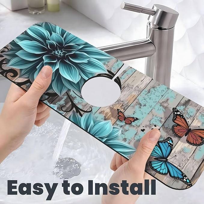 Blue Floral Butterfly 15" X 5.5" Kitchen Sink Splash Guard, Faucet Guard Draining Mat, Faucet Suction Pad For Kitchen Bathroom