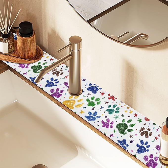 Kitchen Sink Splash Guard 2 PCS 30 Inch Sink Faucet Mat Splash Guard for Bathroom Countertop Water Absorbent Foldable Cuttable Soft Washable Paw Prints and Stars