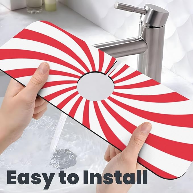 Christmas Red Swirl Peppermint Sugar Candy Kitchen Sink Splash Guard Faucet Mat 1 Pcs, Absorbent Fast Drying Mat Gadgets Splash Guard For Bathroom 15 X 5.5 Inches