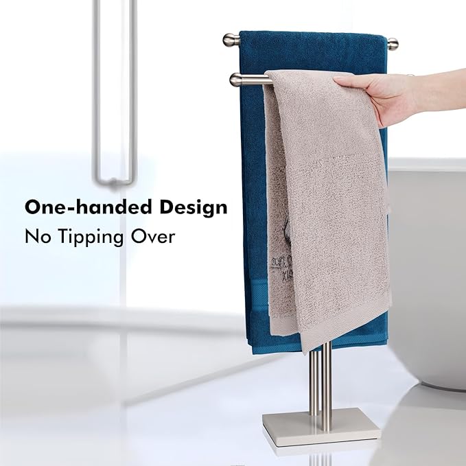 Standing Towel Rack Double-T Shape Tall Bath Towel Sheet Holder with Marble Design Base for Bathroom 2 Tier Towel Holder Stand Stainless Steel (Brushed Nickel)