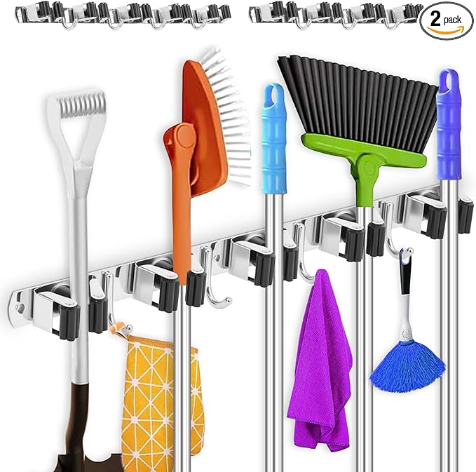 2 Pack Broom Holder Wall Mount 5 Racks 4 Hooks Stainless Steel Broom Mop Holder Anti Slip Storage Rack Strong Load Bearing Waterproof Broom and Mop Organizer Wall Hanging for Bathroom Kitchen Garage