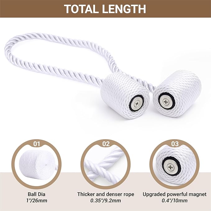 Hion Magnetic Curtain Tiebacks White 6 Pack, Curtain Tiebacks Buckles Holdbacks Holders Hooks Clip for Home Bedroom Office Decorative Thick or Thin Curtain