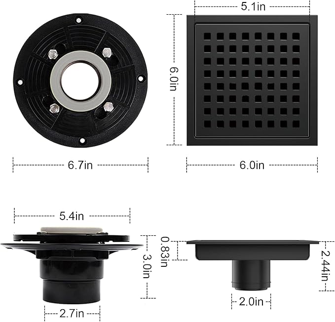 6 Inch Square Shower Floor Drain, Shower Drain Kit with Flange, Square Shower Drain, SUS 304 Stainless Steel Floor Drain,Matte Black