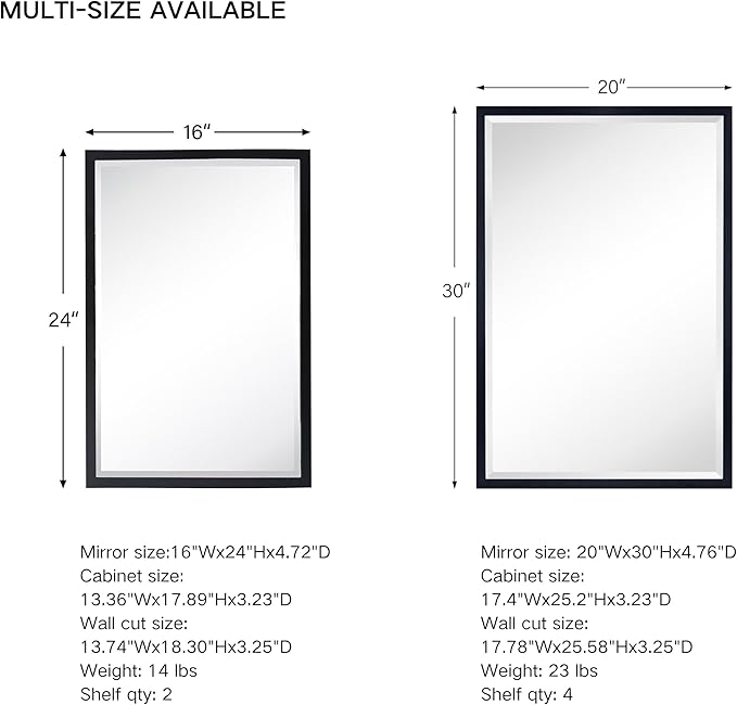 TEHOME Chrome Recessed Bathroom Medicine Cabinet with Mirror Squared Cornered Rectangle Metal Framed Medicine Cabinet with Beveled Mirror 16x24''