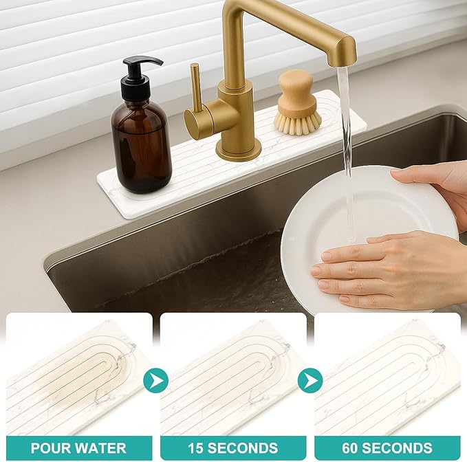 Small White Marble Stone Faucet Mat for Kitchen Sink Water Absorbing Durable Protector for Bathroom Counter Diatomite Quick Drying Stone Tray Sink Splash Guard Kitchen Counter Accessories