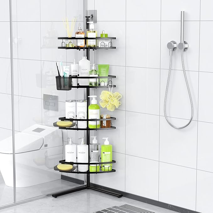 Floor Standing Corner Shower Caddy: 4-tier Rustproof Freestanding Shower Organizer Shelf for Inside - No Drilling Bathroom Rack Stand Black