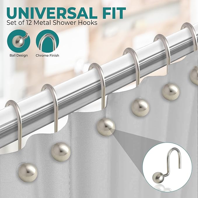 Popular Bath Ball Nickel Metal Shower Curtain Hooks Slips Through Curtain Grommet Easy To Install, Set of 12