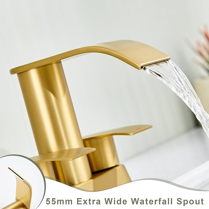 Ultimate Unicorn Bathroom Faucet for Sink Brushed Gold, 4 Inch Bathroom Sink Faucet for 3 or 2 Holes, 2 Handle Waterfall Faucets with Pop up Drain, Centerset Faucets for RV Counter