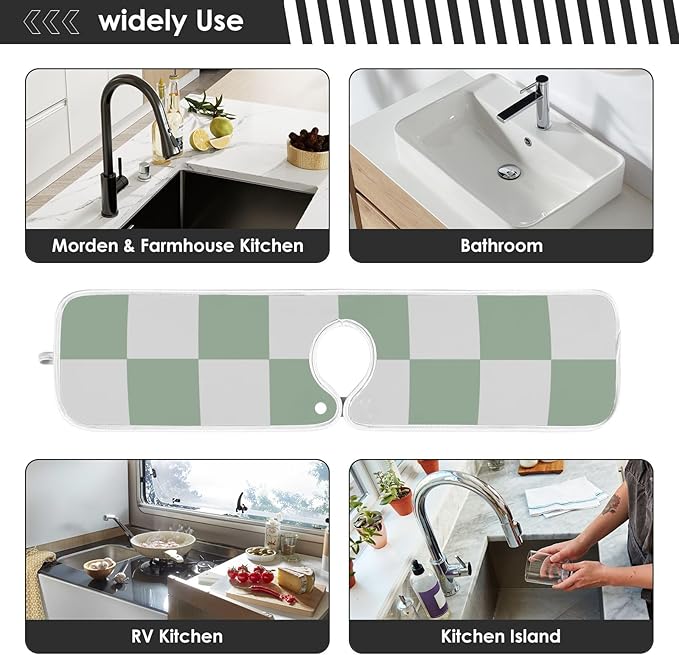 2 PCS Kitchen Sink Splash Guard 14.9 Inch Faucet Mat for Kitchen Sink Bathroom Sink Faucet Absorbing Drip Drain Mat Pad Microfiber Soft Washable Checkered Green and White