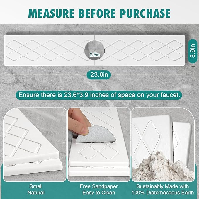 23.6 Inch Stone Faucet Mat for Kitchen Sink, Diatomite Absorbent Fast Drying Stone Sink Tray, Faucet Splash Guard Prevents Moisture for Kitchen Bathroom Countertop