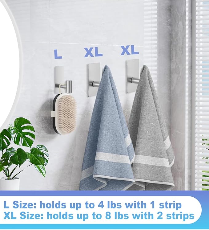 8 Pcs Towel Hooks Heavy Duty for Hanging，Adhesive Wall Hooks with Removable Strips，Sticky No Damage，Outdoor for Bathrooms，Shower，Stockings，Decor，Robe，Large，Silver 304 Stainless Steel