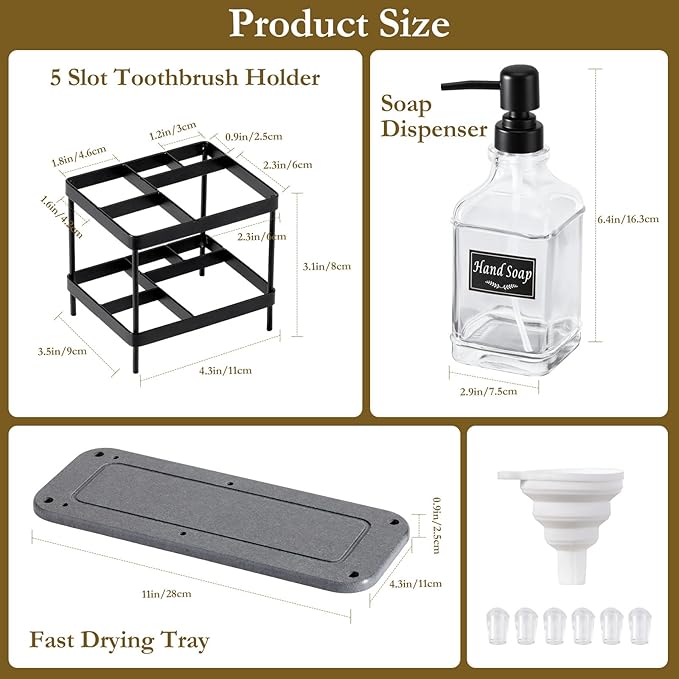 Shinowa Toothbrush Holders with Soap Dispenser and Water Absorbing Diatomite for Bathroom, Stainless Steel Tooth Brush Toothpaste Holder for Kitchen Countertop Sink, Bathroom Organizers and Storage