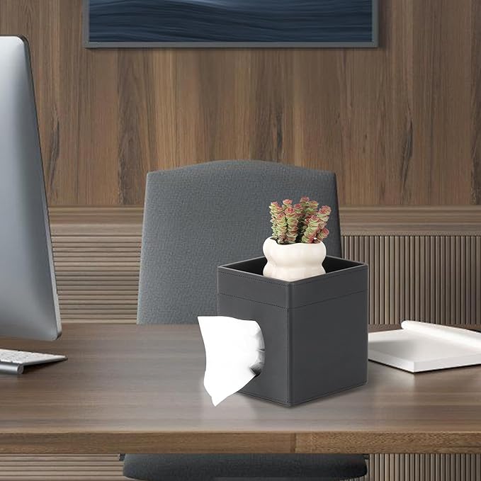 MOCHTERO Decorative PU Leather Tissue Box Cover,Square Tissue Holder with Storage Tray, Bathroom Accessories,for Home and Office, Black