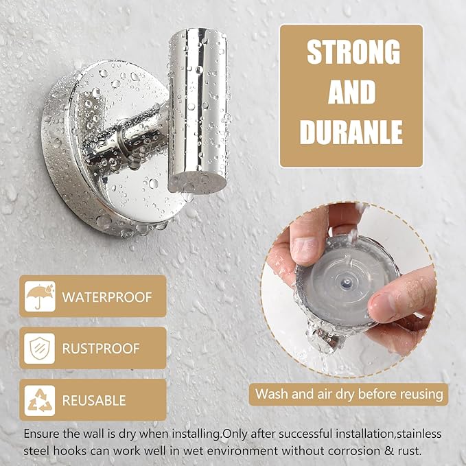 Towel Hooks Shower Suction Hook Towel Hanger for Bathroom Hanging Coat, Robe, Removable Wall Mounted Hook for Bedroom Kitchen Hotel Pool Chrome(4-Pack)