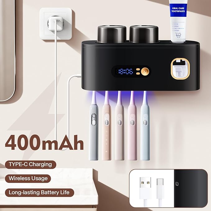Upgrade Toothbrush Sterilizer,Toothbrush Holder for Bathroom,Tooth Brush Cleaning Tool with Toothpaste Dispenser Wall Mounted Type-C Charging with 2 Cups (Black)