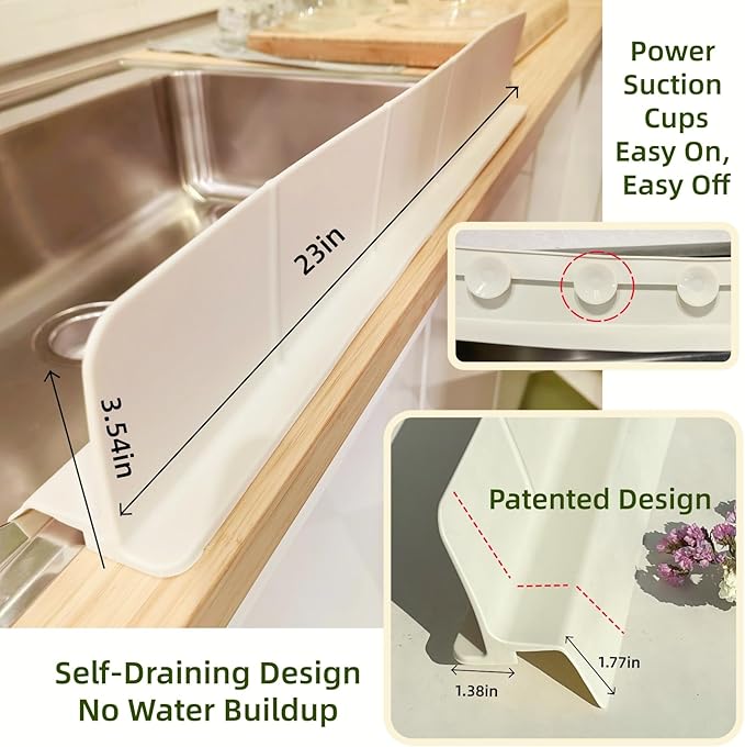 Sink Splash Guard for Kitchen, Splatter Screen & Silicone Water Guard with High Wall, Sink Edge Protector and Backsplash Guard, Easy to Install and Clean for Faucet and Countertop Area(Cream, 23")