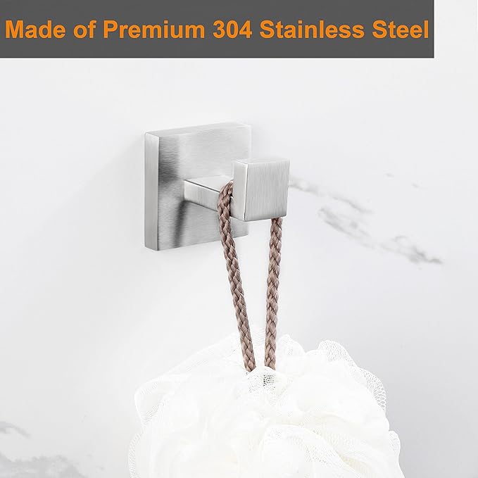 Nolimas Towel Hook Stainless Steel Bathroom Rustproof Clothes Towel Coat Hook Wall Mounted Square Toilet Kitchen, Heavy Duty Door Hanger, 2 Pack, Brushed Nickel