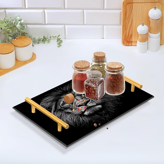 Black Head of A Lion Vanity Tray Acrylic Decorative Serving Tray Coffee Table Tray for Bathroom Living Room Bedroom