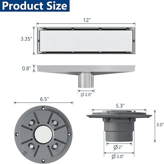 Neodrain 12-Inch Brushed Linear Shower Drain, 2-in-1 Flat & Tile Insert Cover, Stainless Steel Linear Drain, Brushed Rectangle Shower Floor Drain with Hair Strainer, Shower Drain Base